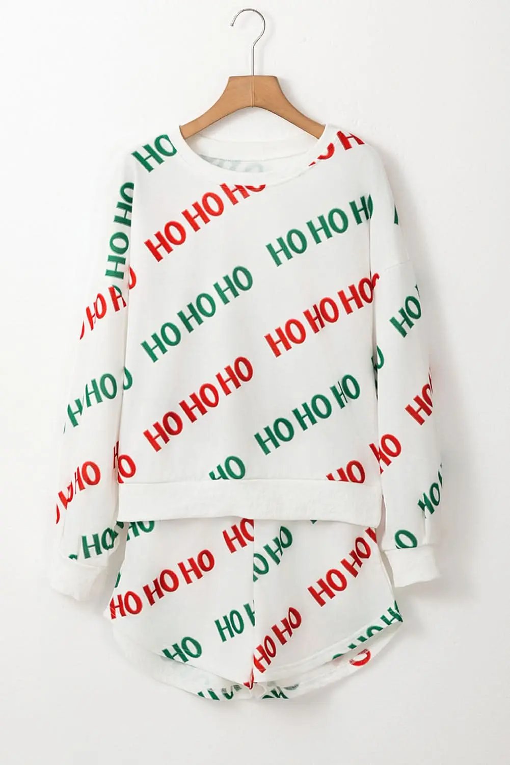 White Christmas HOHOHO Print Drop Shoulder Pullover and Casual Shorts Set - Love Salve